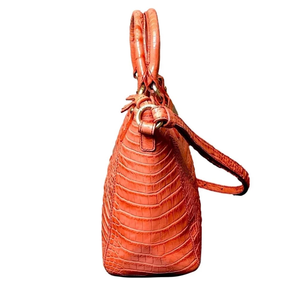 BRAHMIN Croc Embossed Leather Rolled Top Handle Tangerine Satchel Shoulder Bag